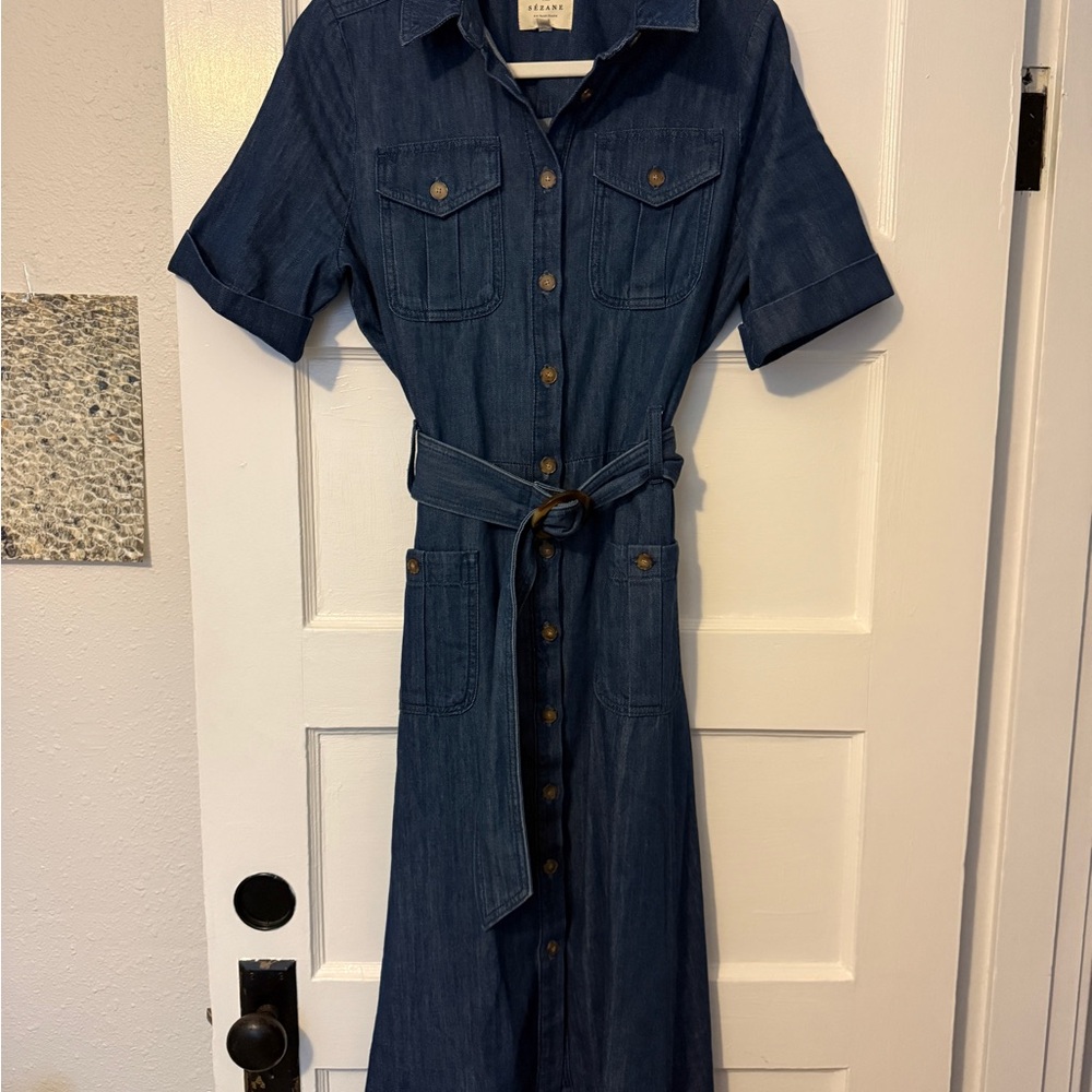 Sezane Denim Button-Up Dress with Belt
